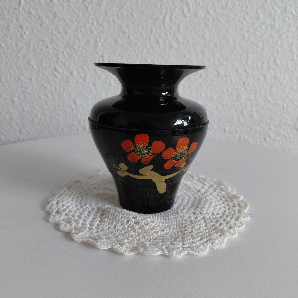 Vintage Japan Black Lacquerware  Small Handpainted Bude Vase